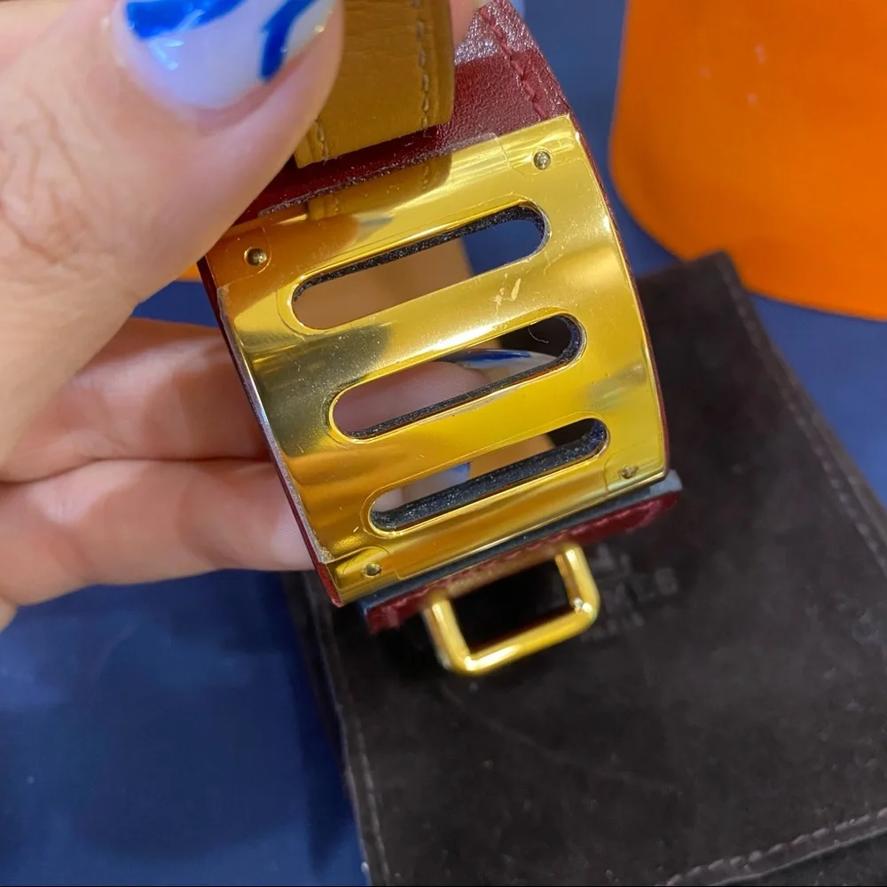 HERMES Rouge H Box Leather Gold Plated Intense cuff Bracelet Small - Picture 7 of 12